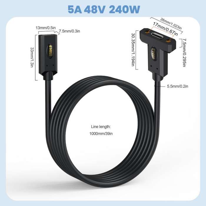 USB4 Type-C Female to Type-C Female Ear Screw Fixed Panel Extension Cable, Length:1m