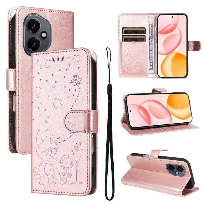 For Honor 400 Global 156.5mm Cat and Bee Embossed Flip Leather Phone Case(Rose Gold)