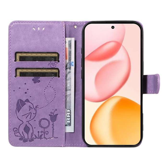 For Honor 400 Global 156.5mm Cat and Bee Embossed Flip Leather Phone Case(Purple)