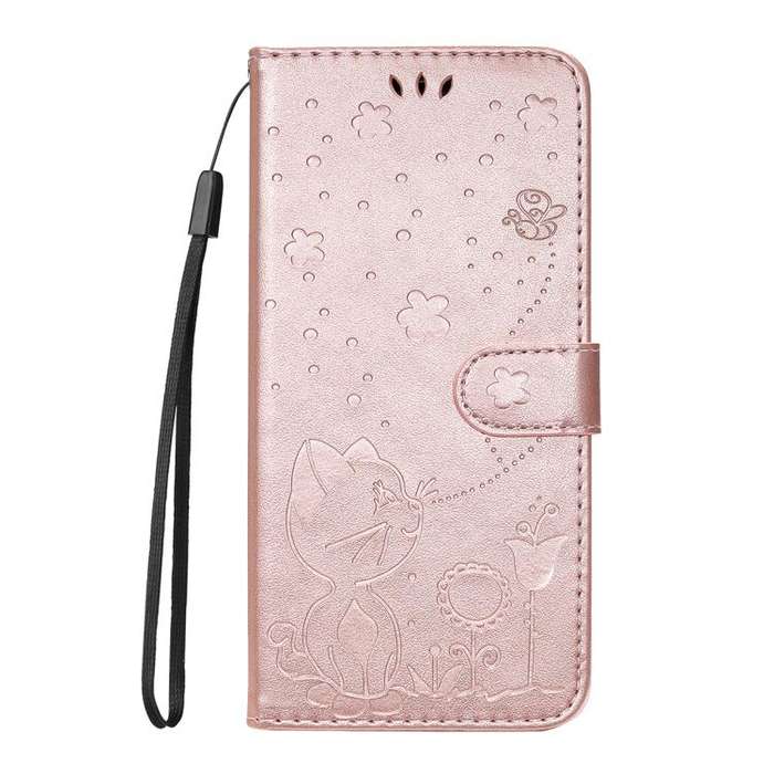 For Honor 400 Pro Global 160.8mm Cat and Bee Embossed Flip Leather Phone Case(Rose Gold)