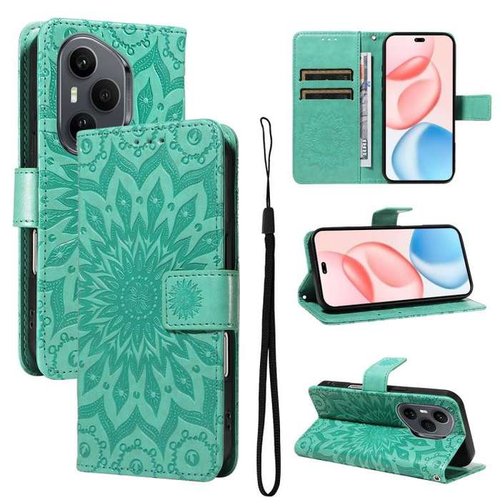 For Honor 400 Pro Global 160.8mm Embossed Sunflower Pattern Flip Leather Phone Case(Green)