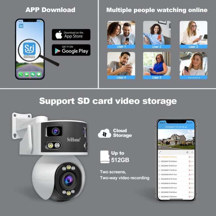 SriHome SH055B 8MP HD Multi-lens Super Wide Angle Panoramic PTZ Dome Camera(US Plug)