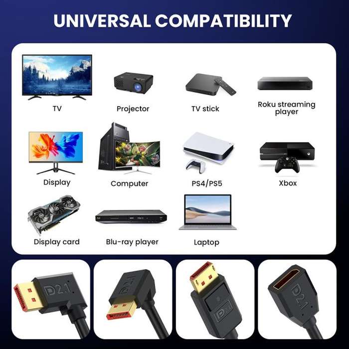 DP2.1 Male to DP2.1 Female Right Elbow 52Gbps 16K 30Hz DisplayPort Extension Adapter Cable, Lengt...