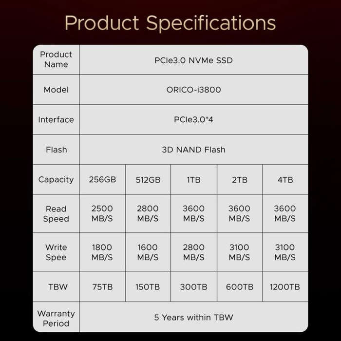 ORICO-i3800 M.2 NVME 2280 SSD, Memory:2TB