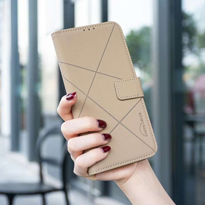 For Infinix Smart 10 4G Geometric Pattern RFID Leather Phone Case(Beige)