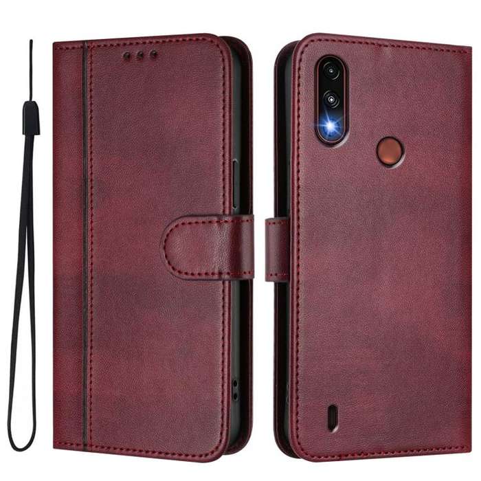 For Motorola Moto E7 Power 2021 Line Splicing Buckle Retro Leather Phone Case(Wine Red)