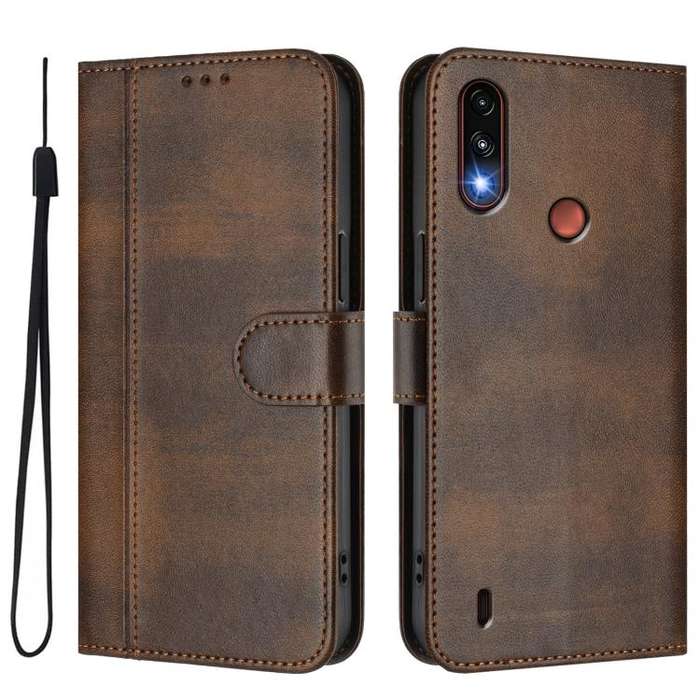 For Motorola Moto E7 Power 2021 Line Splicing Buckle Retro Leather Phone Case(Brown)