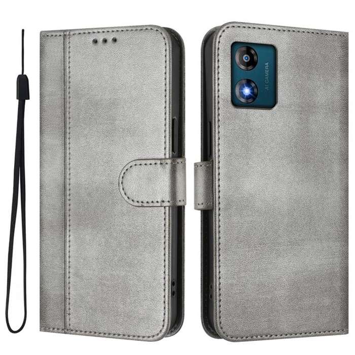 For Motorola Moto E13 2023 4G Line Splicing Buckle Retro Leather Phone Case(Grey)