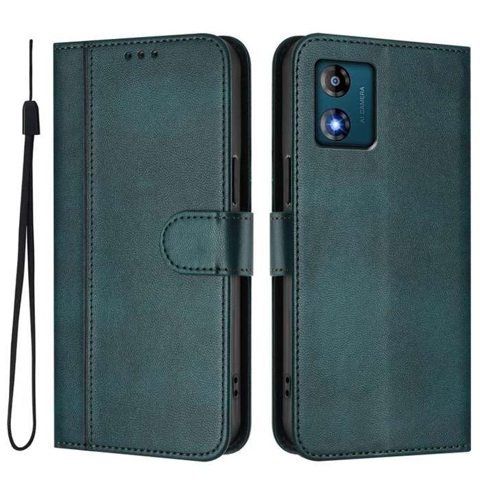 For Motorola Moto E13 2023 4G Line Splicing Buckle Retro Leather Phone Case(Dark Green)