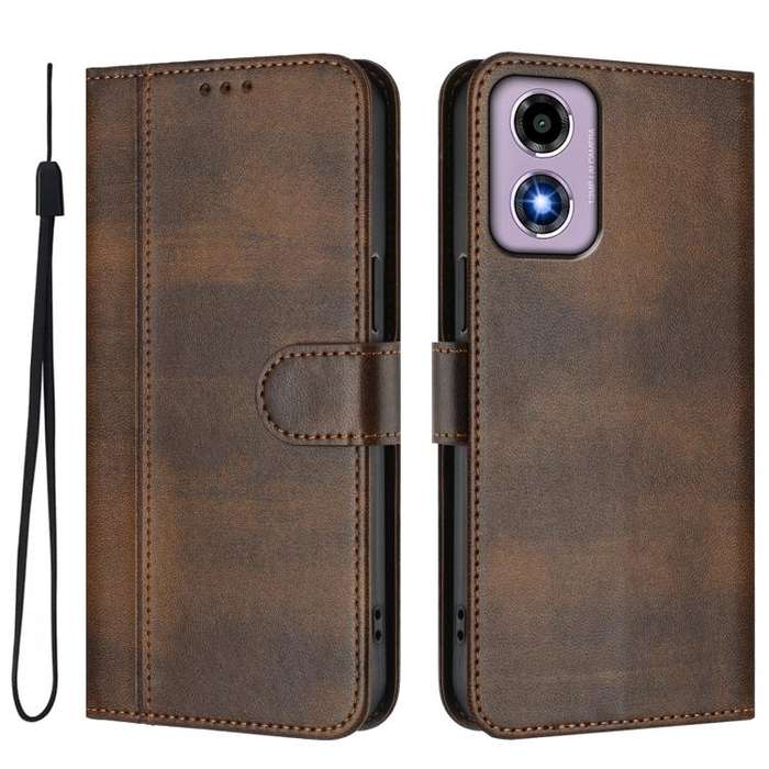 For Motorola Moto E14 4G / G24 4G Line Splicing Buckle Retro Leather Phone Case(Brown)