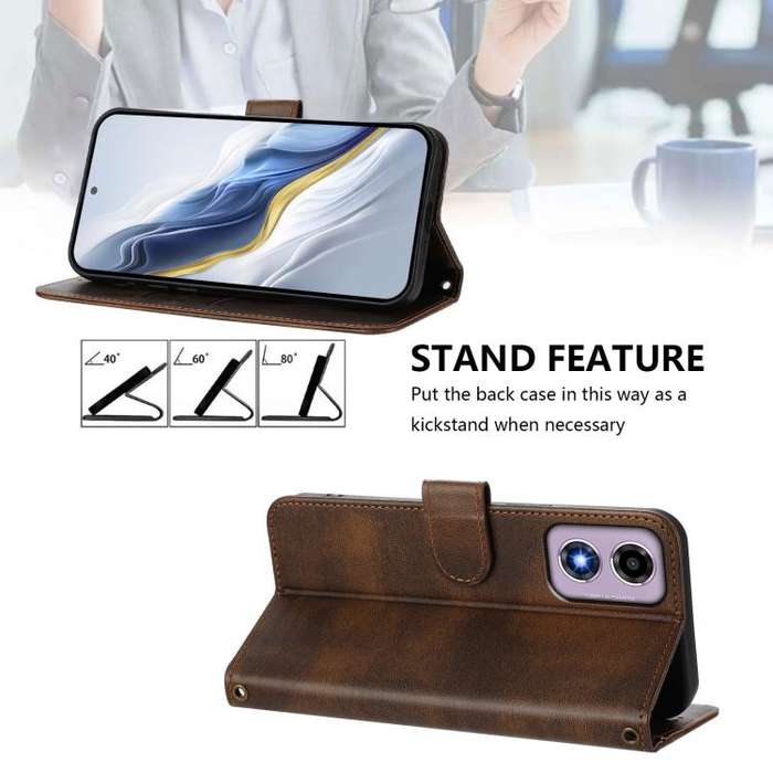 For Motorola Moto E14 4G / G24 4G Line Splicing Buckle Retro Leather Phone Case(Brown)