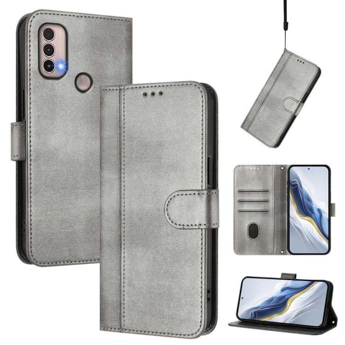 For Motorola Moto E40 / E30 / E20 Line Splicing Buckle Retro Leather Phone Case(Grey)