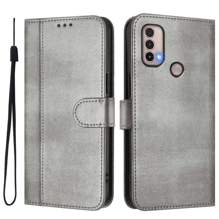 For Motorola Moto E40 / E30 / E20 Line Splicing Buckle Retro Leather Phone Case(Grey)
