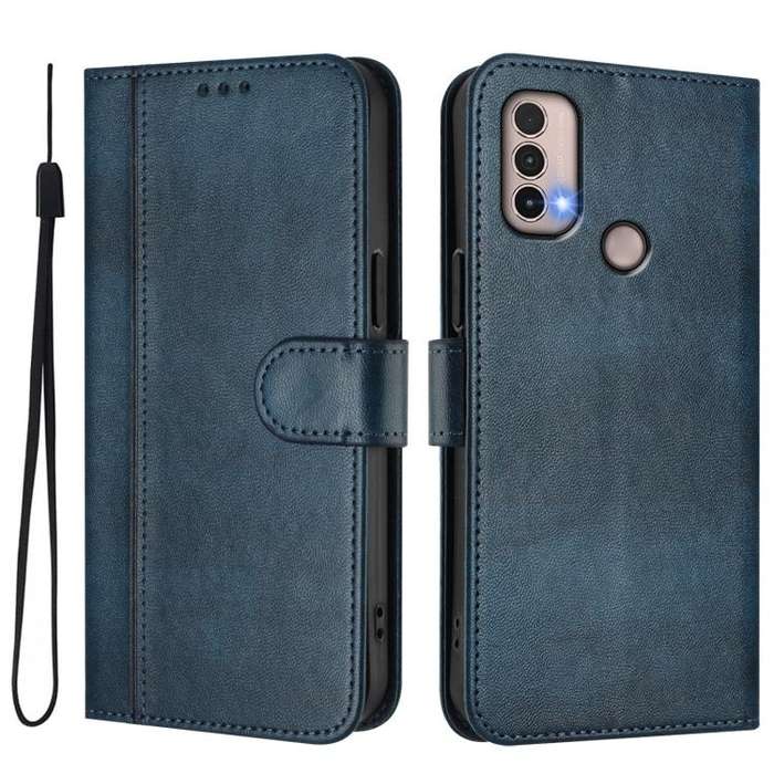 For Motorola Moto E40 / E30 / E20 Line Splicing Buckle Retro Leather Phone Case(Dark Blue)
