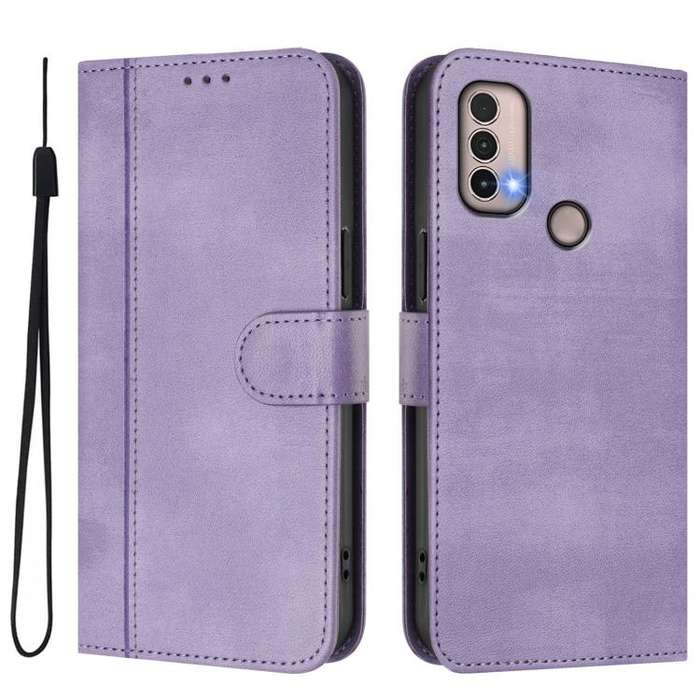 For Motorola Moto E40 / E30 / E20 Line Splicing Buckle Retro Leather Phone Case(Purple)