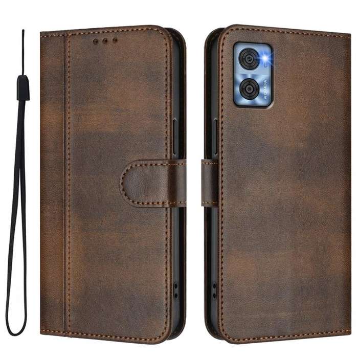 For Motorola Moto E22 4G / E22i 4G Line Splicing Buckle Retro Leather Phone Case(Brown)