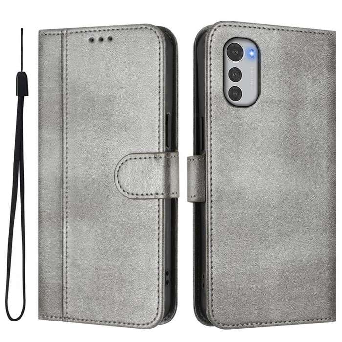 For Motorola Moto E32 4G Global Line Splicing Buckle Retro Leather Phone Case(Grey)