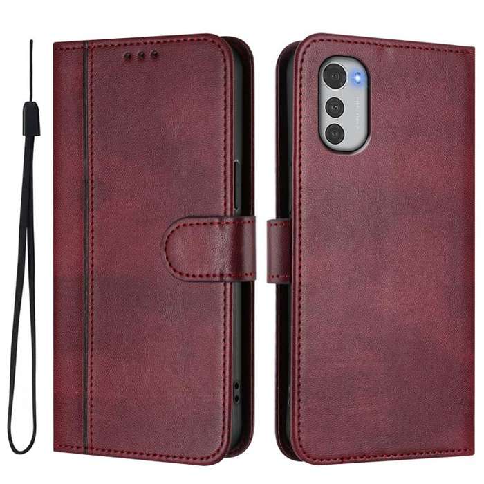 For Motorola Moto E32 4G Global Line Splicing Buckle Retro Leather Phone Case(Wine Red)