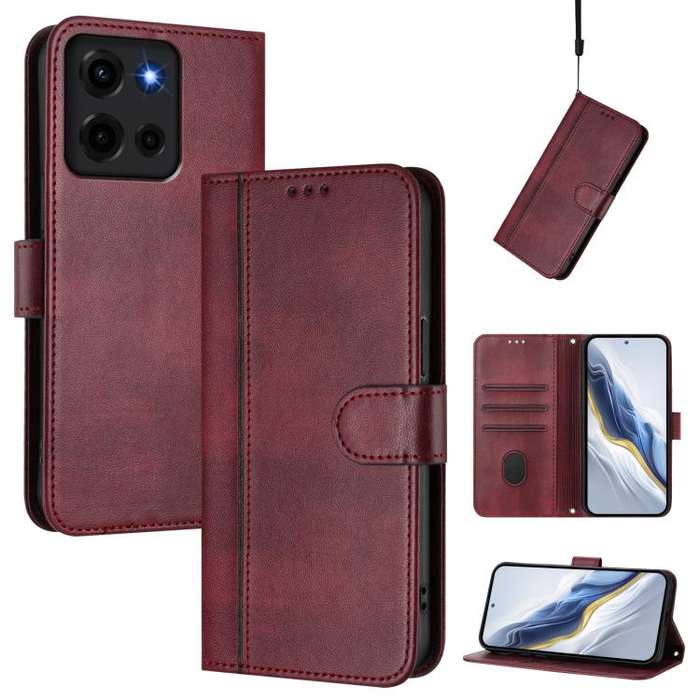 For Motorola Moto G 5G 2025 Line Splicing Buckle Retro Leather Phone Case(Wine Red)