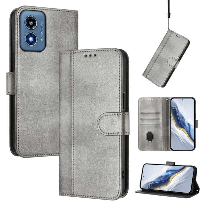 For Motorola Moto G Play 4G 2024 Global Line Splicing Buckle Retro Leather Phone Case(Grey)