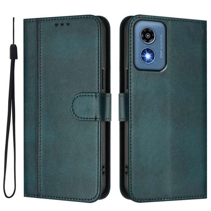 For Motorola Moto G Play 5G 2024 Global Line Splicing Buckle Retro Leather Phone Case(Dark Green)