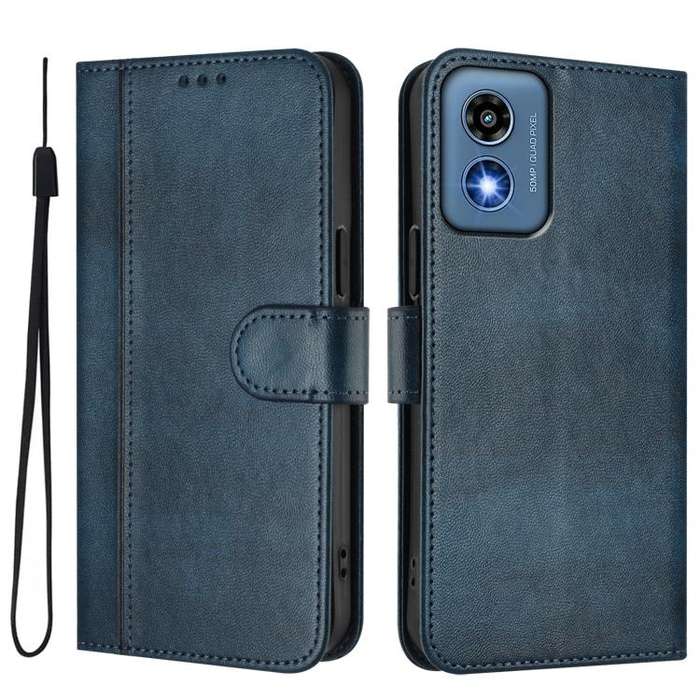 For Motorola Moto G Play 5G 2024 Global Line Splicing Buckle Retro Leather Phone Case(Dark Blue)