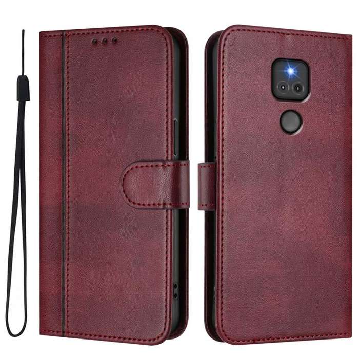 For Motorola Moto G Play 2021 Line Splicing Buckle Retro Leather Phone Case(Wine Red)