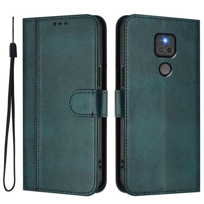 For Motorola Moto G Play 2021 Line Splicing Buckle Retro Leather Phone Case(Dark Green)