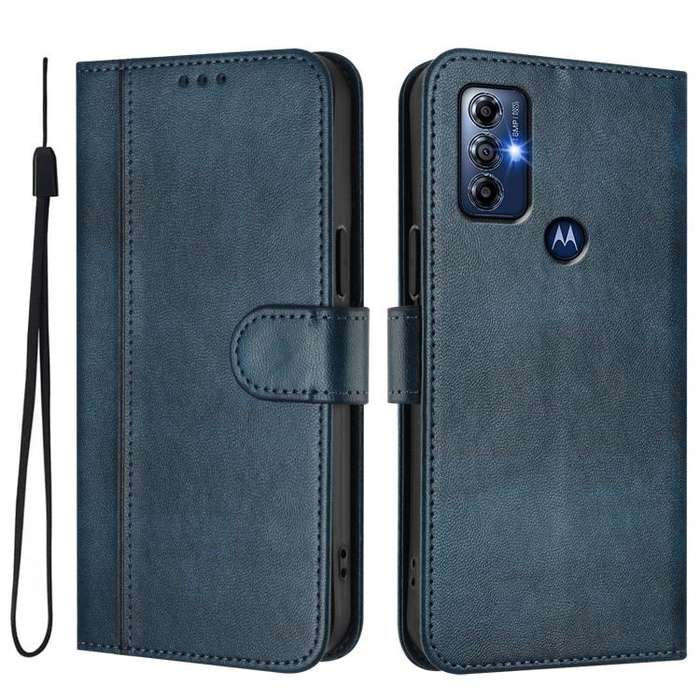 For Motorola Moto G Play 2023 / G Pure 2021 Line Splicing Buckle Retro Leather Phone Case(Dark Blue)