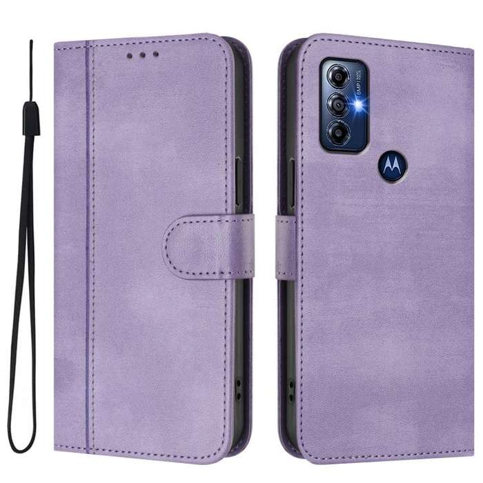 For Motorola Moto G Play 2023 / G Pure 2021 Line Splicing Buckle Retro Leather Phone Case(Purple)