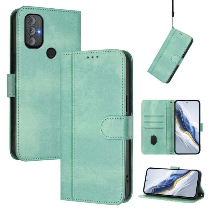 For Motorola Moto G Power 2022 Line Splicing Buckle Retro Leather Phone Case(Mint)