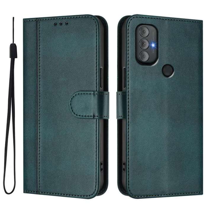 For Motorola Moto G Power 2022 Line Splicing Buckle Retro Leather Phone Case(Dark Green)