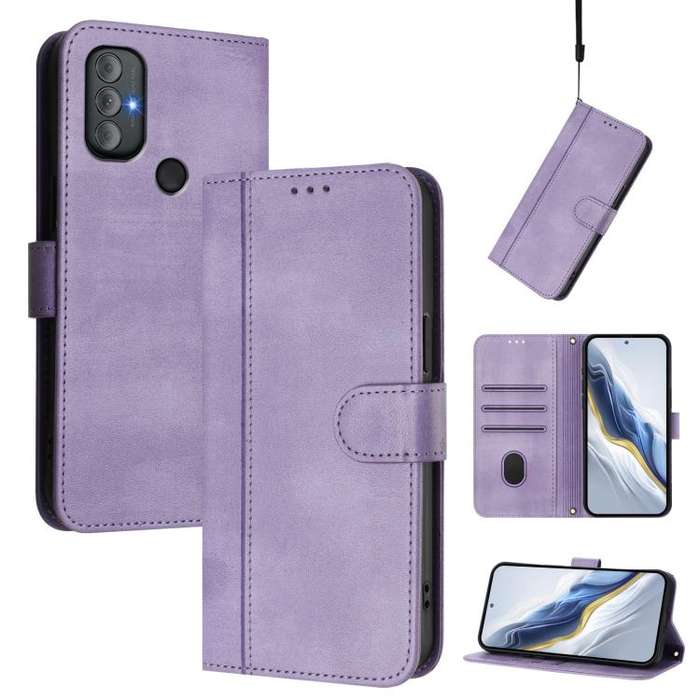 For Motorola Moto G Power 2022 Line Splicing Buckle Retro Leather Phone Case(Purple)