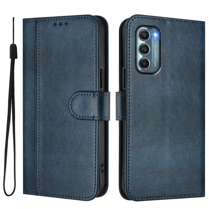 For Motorola Moto G Stylus 5G 2022 Line Splicing Buckle Retro Leather Phone Case(Dark Blue)