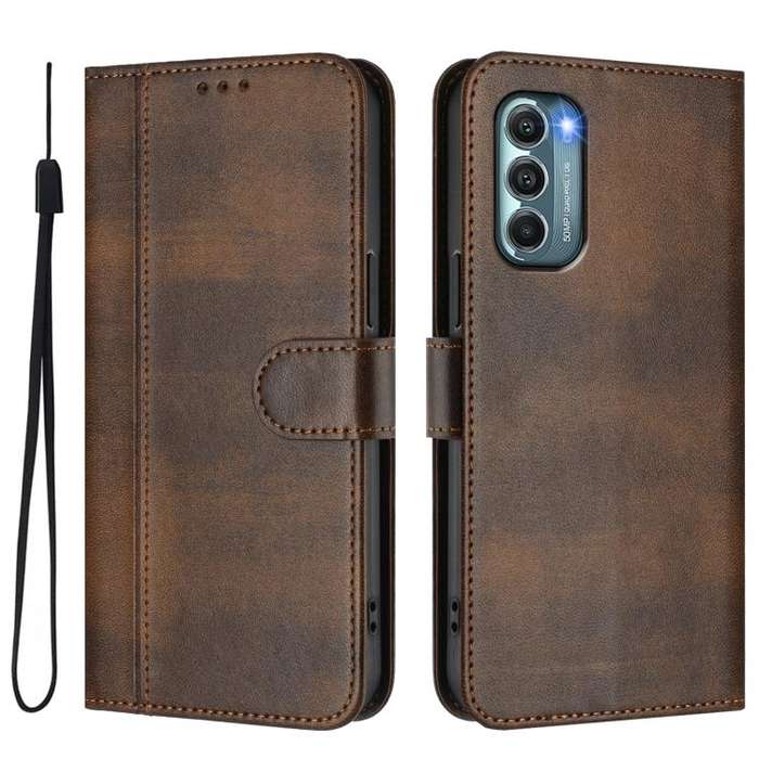 For Motorola Moto G Stylus 5G 2022 Line Splicing Buckle Retro Leather Phone Case(Brown)