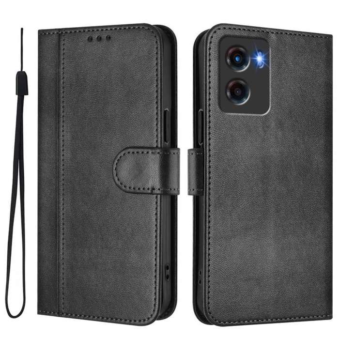 For Motorola Moto G05 / E15 Line Splicing Buckle Retro Leather Phone Case(Black)