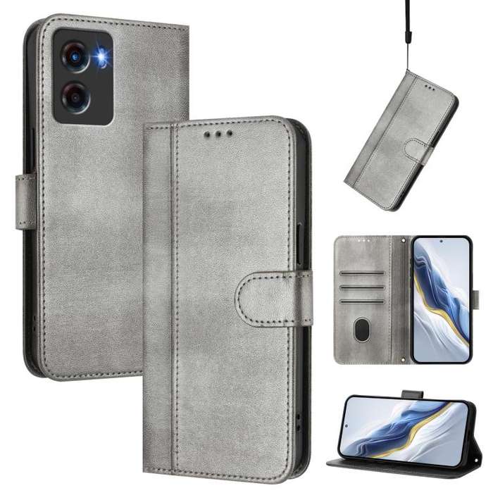 For Motorola Moto G05 / E15 Line Splicing Buckle Retro Leather Phone Case(Grey)