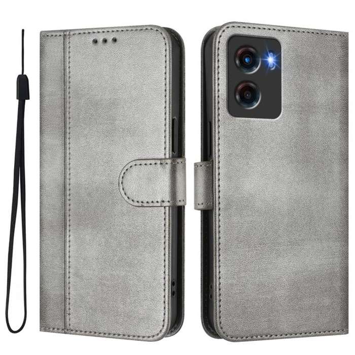 For Motorola Moto G05 / E15 Line Splicing Buckle Retro Leather Phone Case(Grey)