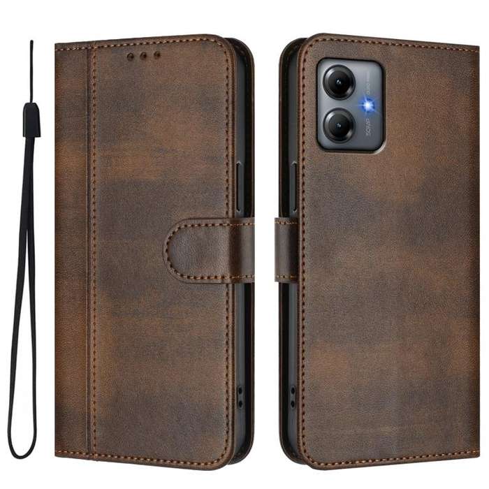 For Motorola Moto G14 4G / G54 5G EU Line Splicing Buckle Retro Leather Phone Case(Brown)