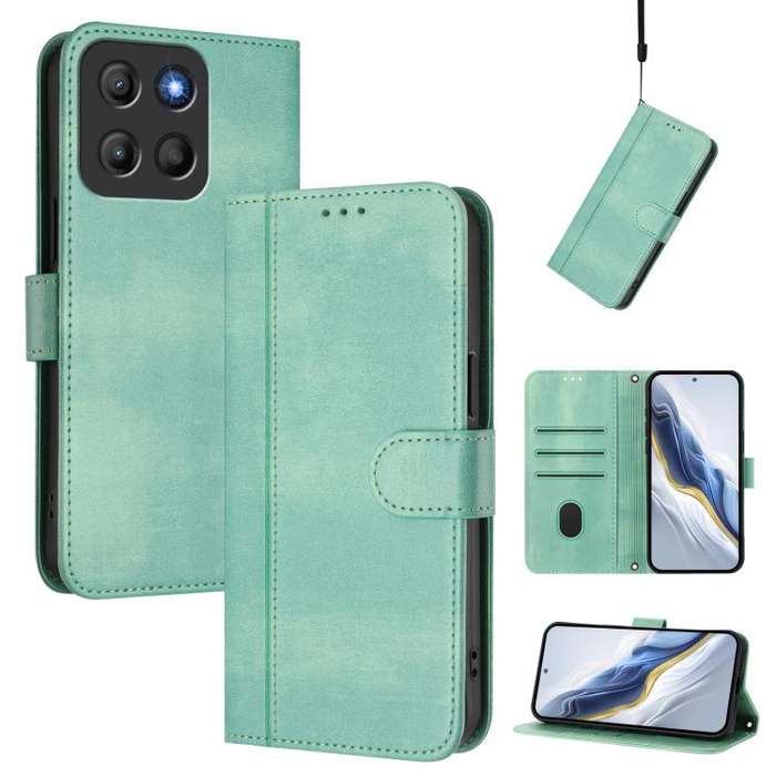 For Motorola Moto G15 / G15 Power Line Splicing Buckle Retro Leather Phone Case(Mint)