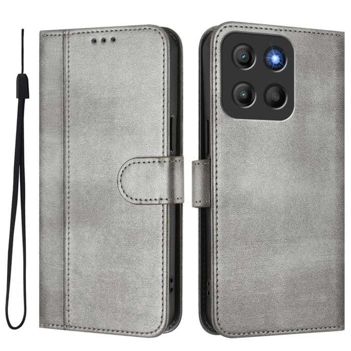 For Motorola Moto G15 / G15 Power Line Splicing Buckle Retro Leather Phone Case(Grey)