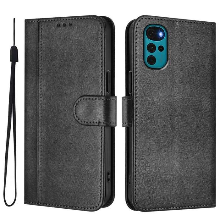 For Motorola Moto E32 India / G22 4G Line Splicing Buckle Retro Leather Phone Case(Black)
