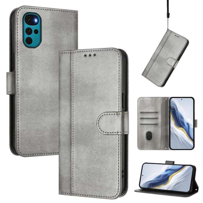 For Motorola Moto E32 India / G22 4G Line Splicing Buckle Retro Leather Phone Case(Grey)