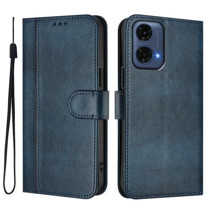 For Motorola Moto G24 Power 4G India Line Splicing Buckle Retro Leather Phone Case(Dark Blue)