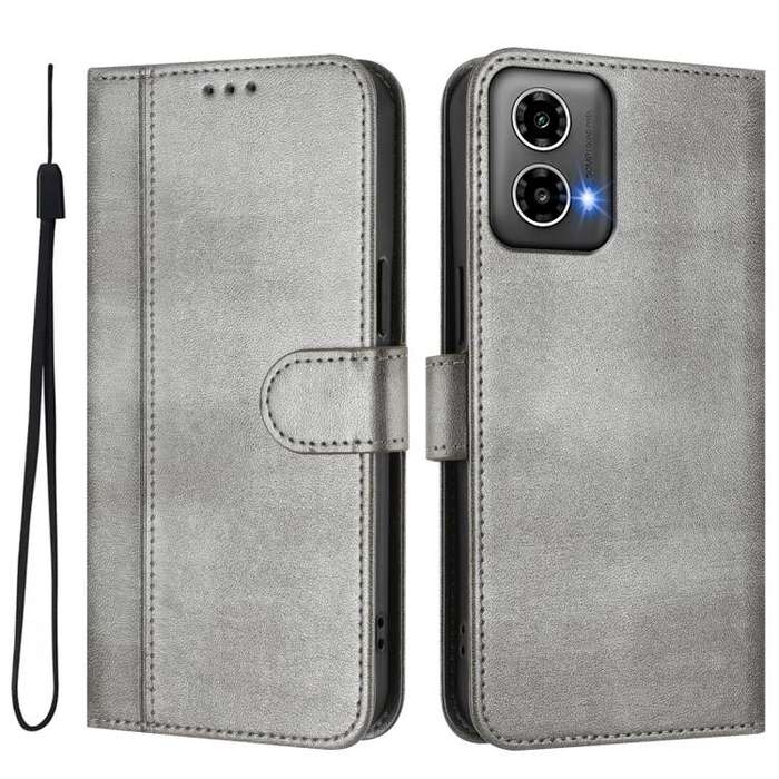 For Motorola Moto G34 5G / G45 5G Line Splicing Buckle Retro Leather Phone Case(Grey)