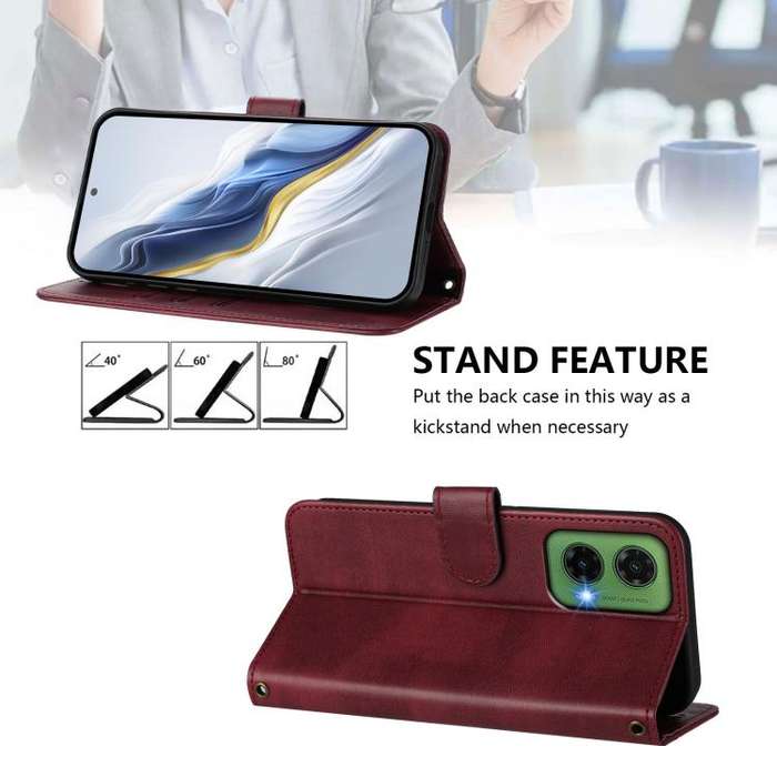 For Motorola Moto G35 5G Line Splicing Buckle Retro Leather Phone Case(Wine Red)