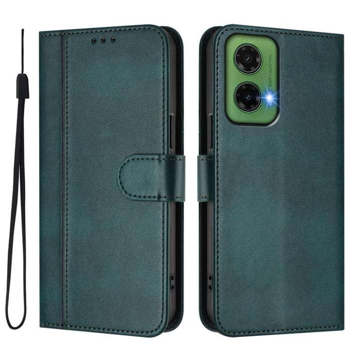 For Motorola Moto G35 5G Line Splicing Buckle Retro Leather Phone Case(Dark Green)