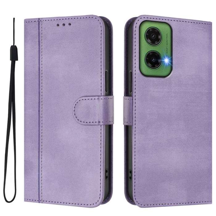 For Motorola Moto G35 5G Line Splicing Buckle Retro Leather Phone Case(Purple)