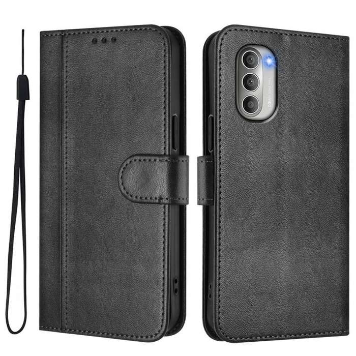For Motorola Moto G51 5G Line Splicing Buckle Retro Leather Phone Case(Black)