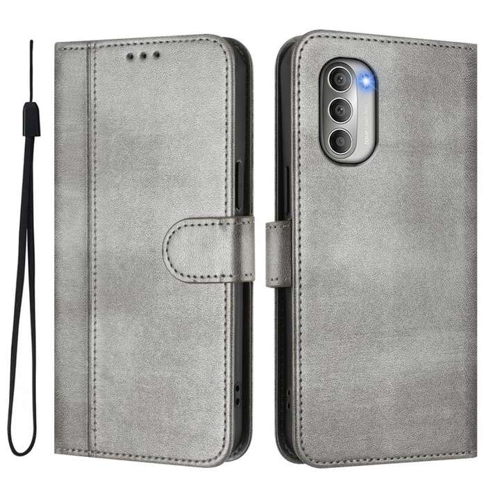 For Motorola Moto G51 5G Line Splicing Buckle Retro Leather Phone Case(Grey)